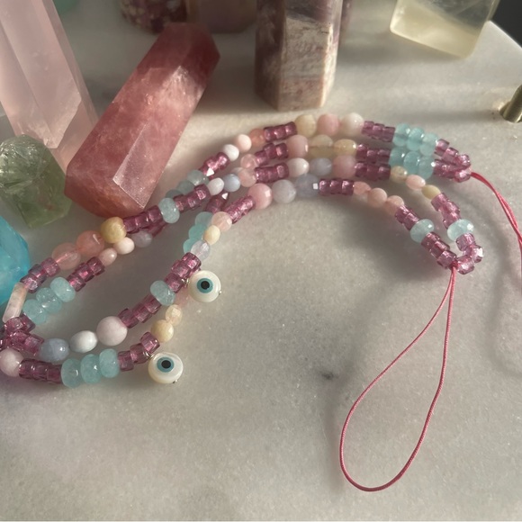 Y2K Cellphone Strap Beaded Evil Eye Pink & Blue Keychain Beaded Phone Charm 2/2 - Picture 4 of 5